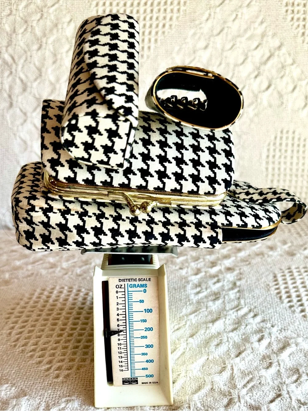 Black & White Houndstooth Accessory Set(Phone,Lipstick Case w Mirror,Keyes,Coin)